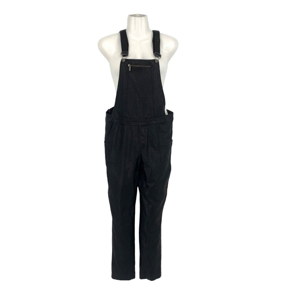 NWT William Rast 30 Black Faux Leather Overall Pants Front Zip Pocket Adjustable